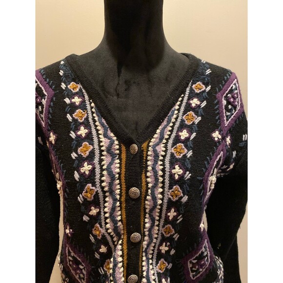 Vintage Christopher & Banks Sweater Cardigan Black Hand stitched Embroidery Med - Picture 2 of 12